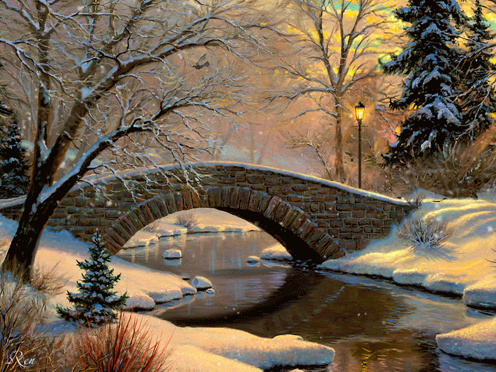 Открытка Зимний пейзаж с мостом